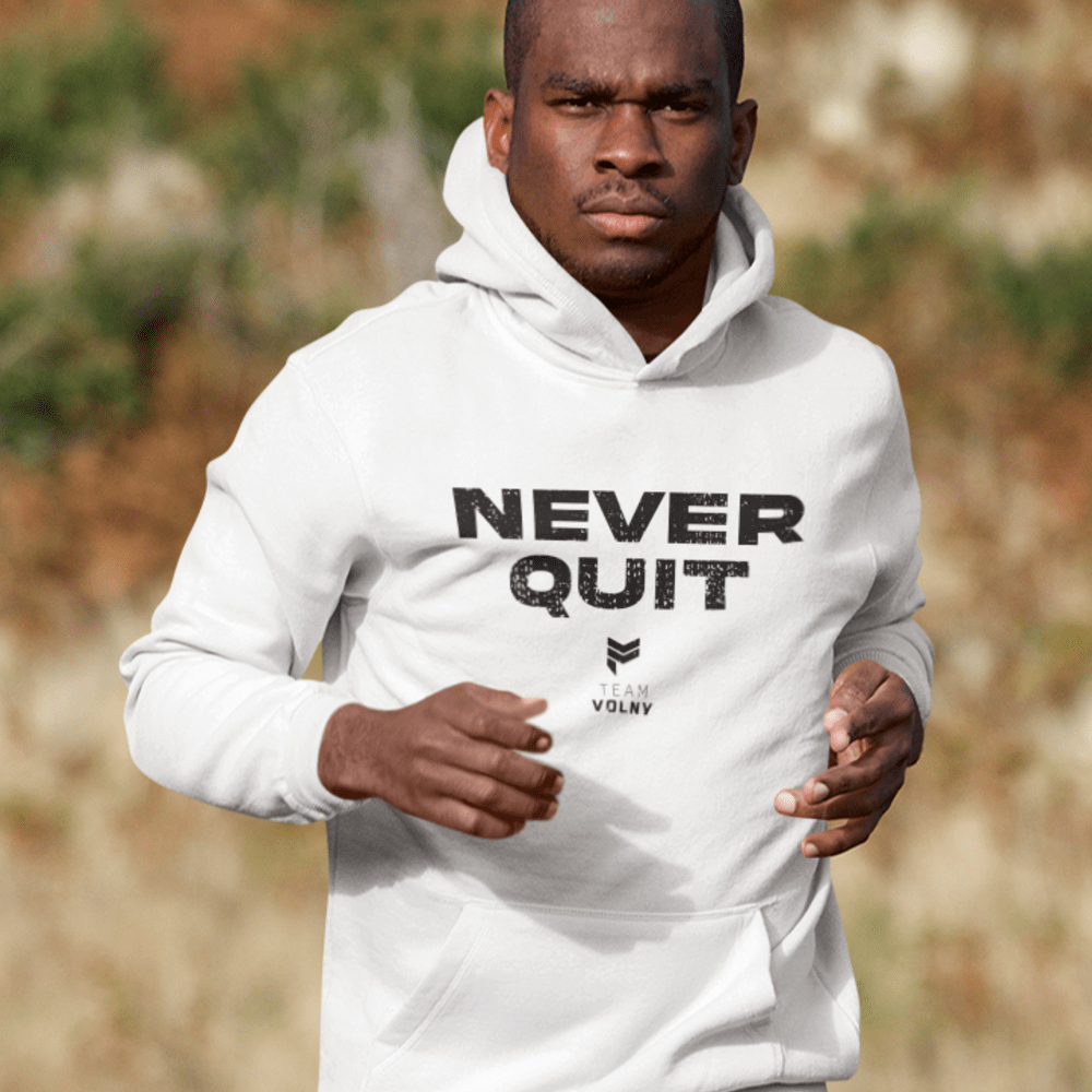 Never Quit by Patrice Volny, Hoodie, Black Logo