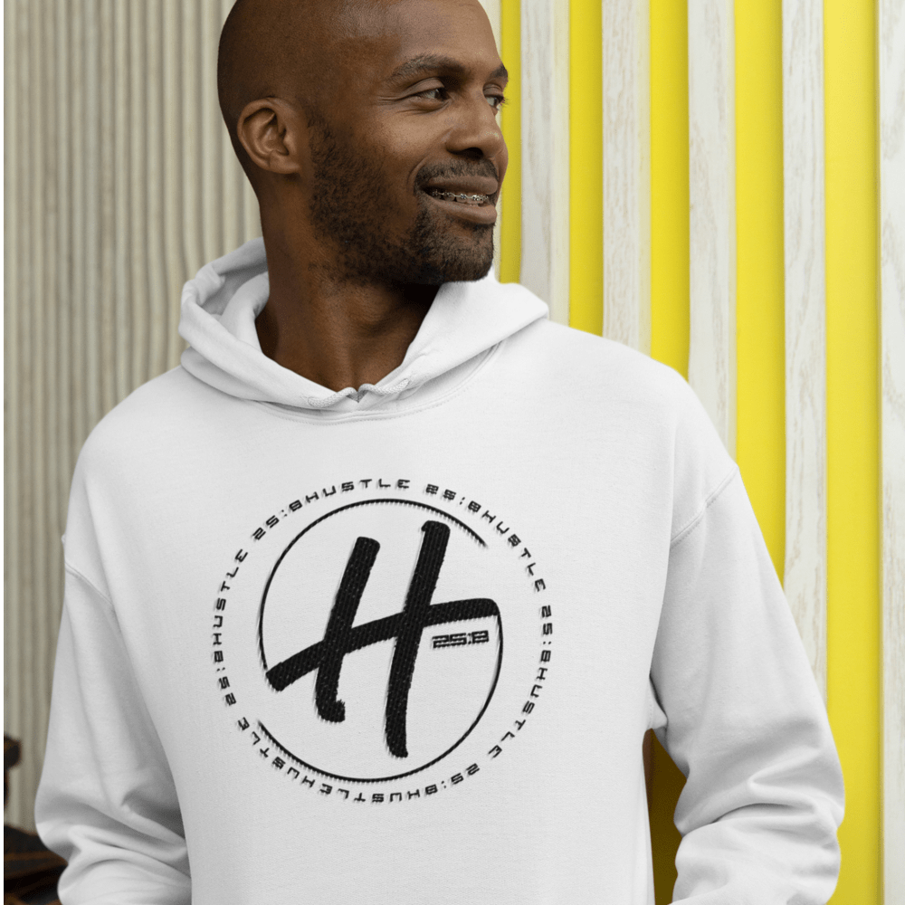 Hustle 25:8 by Craig Rucker Unisex Hoodie, Black Logo