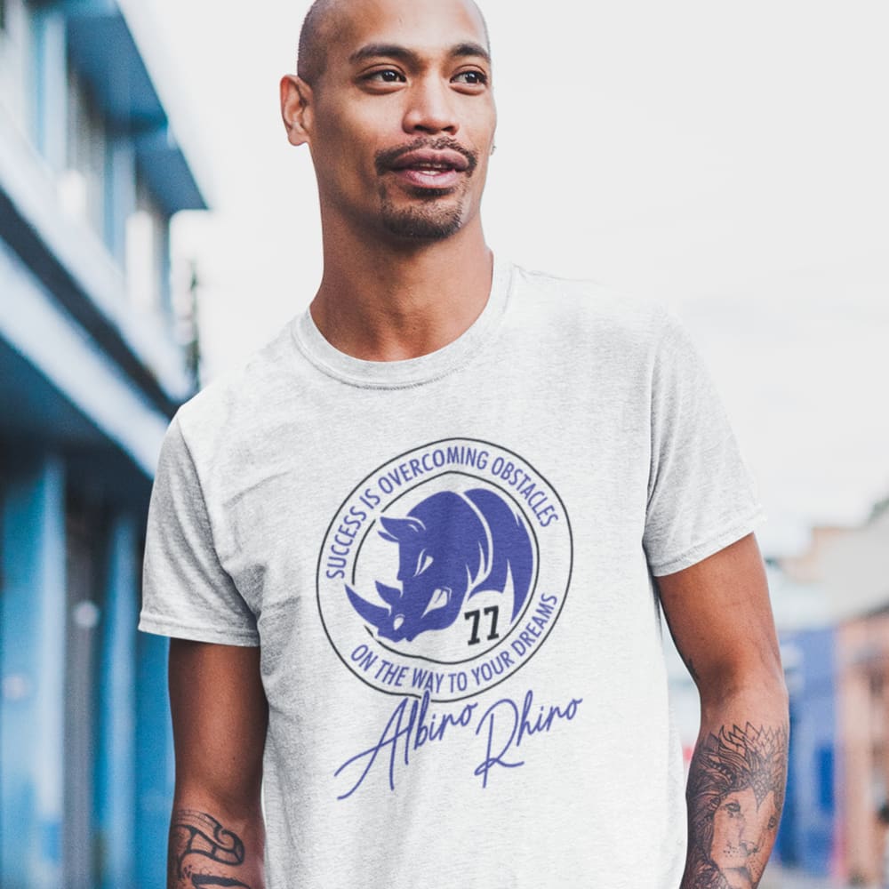 Albino Rhino by Karl Mecklenburg Men's T-Shirt, Blue Logo