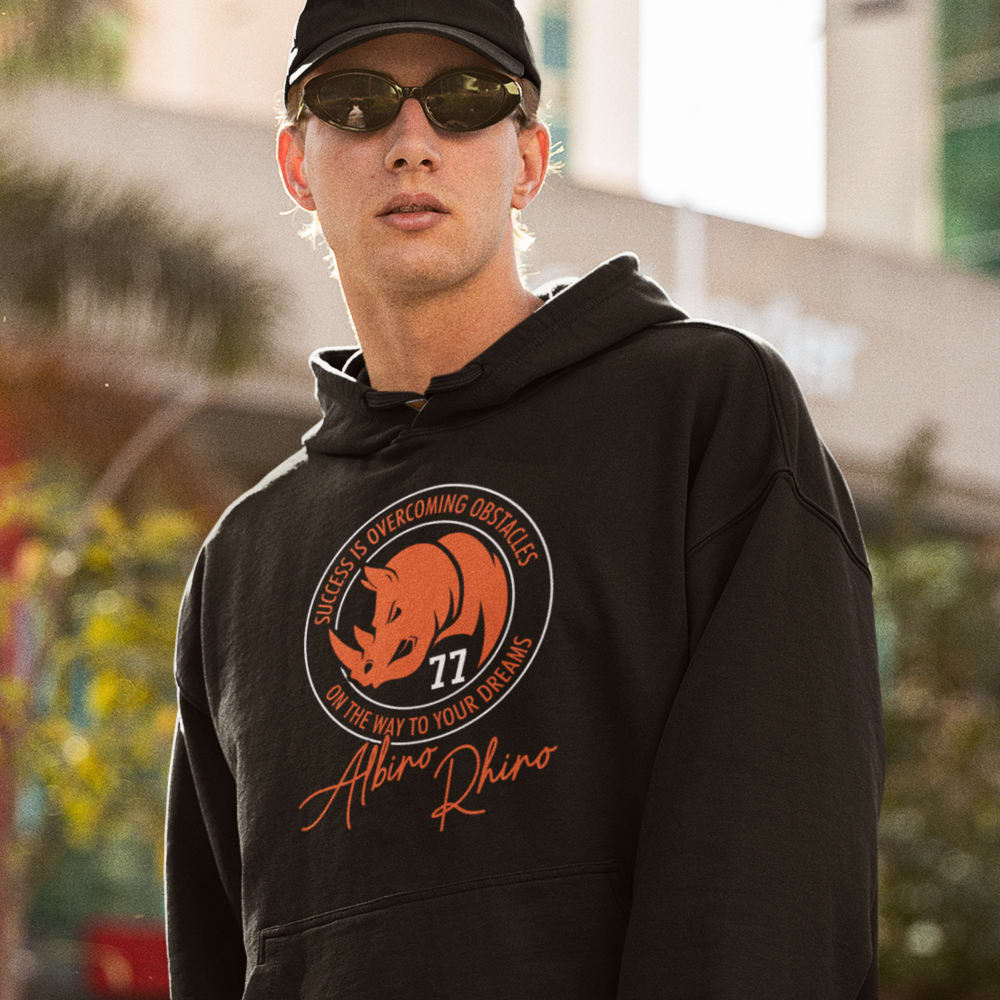 Albino Rhino by Karl Mecklenburg Hoodie, Orange Logo