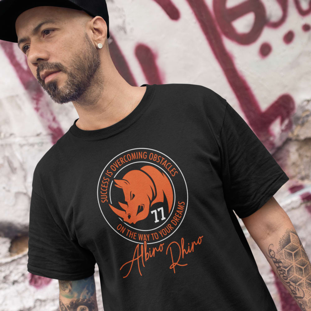 Albino Rhino by Karl Mecklenburg Men's T-Shirt, Orange Logo