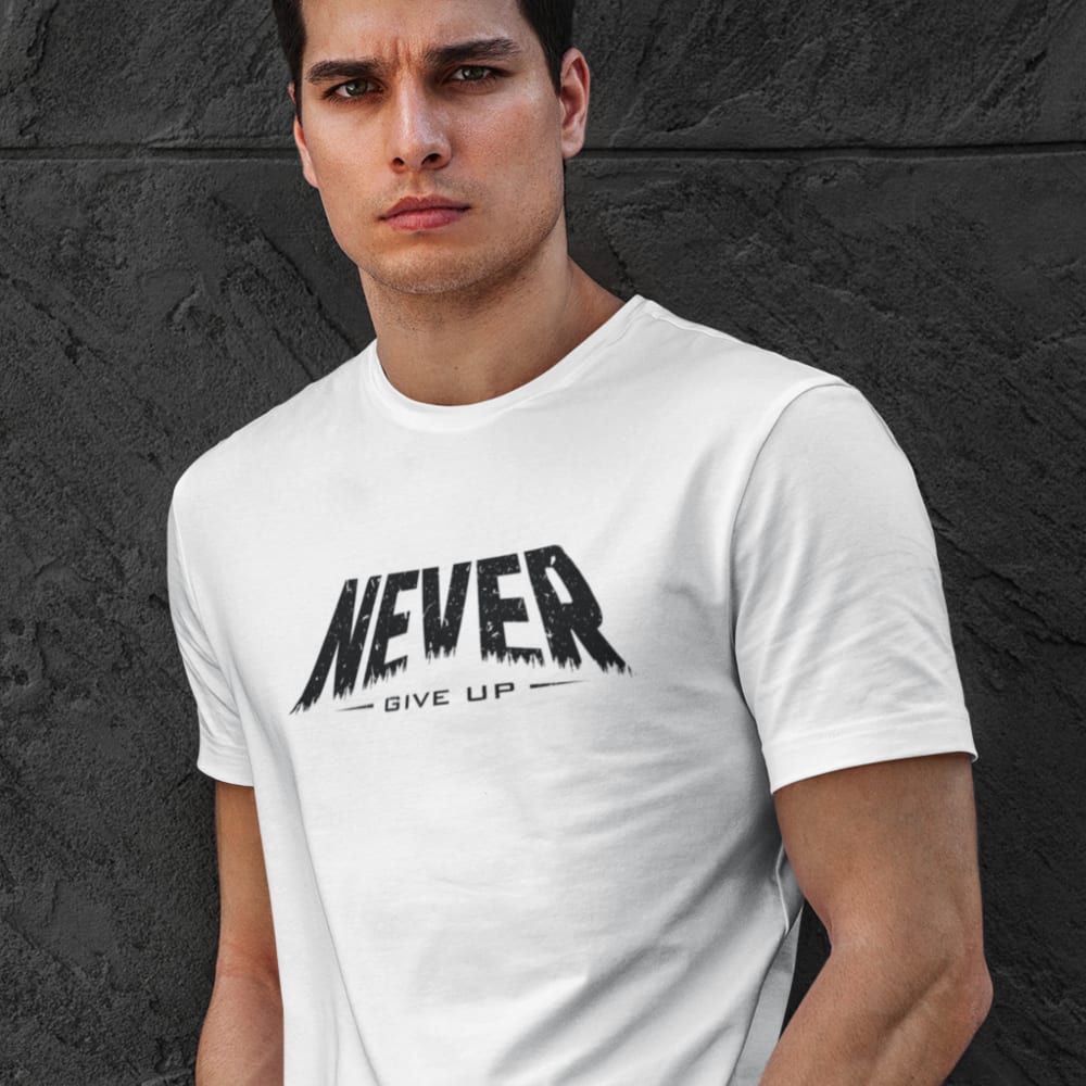 "Never Give Up" by Johnathan Haggerty Shirt, Black Logo