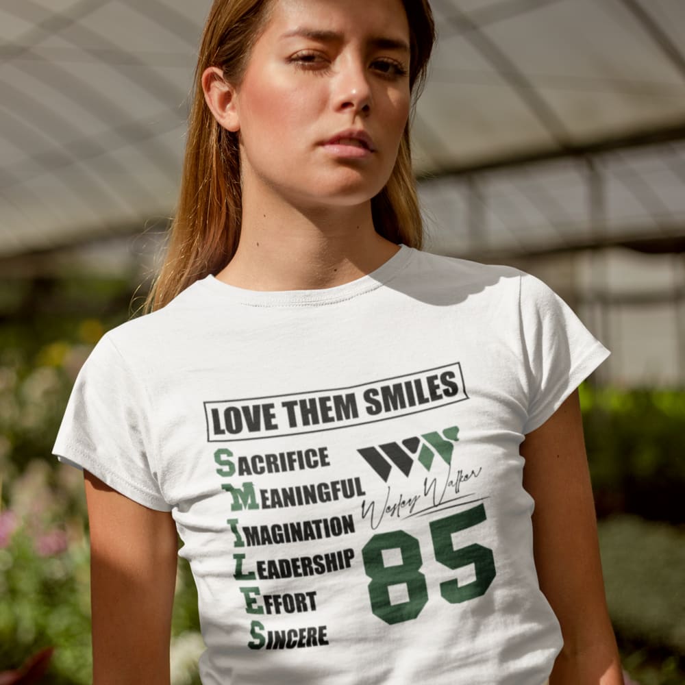 Love Them Smiles by Wesley Walker Women's T-Shirt, Green in Dark Logo