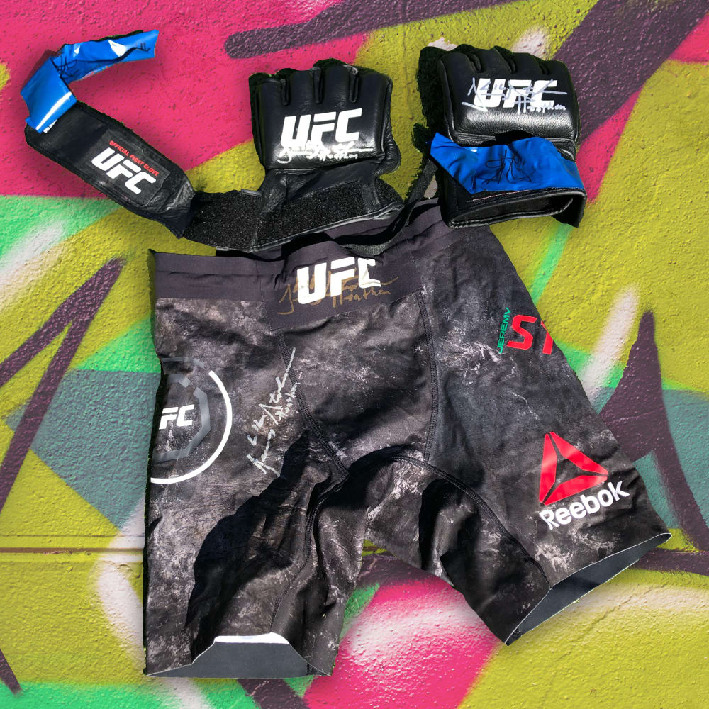 UFC Fight Worn Gloves & Shorts, Signed by Jeremy "Lil Heathen" Stephens (Stephens vs Emmett, February 24, 2018)