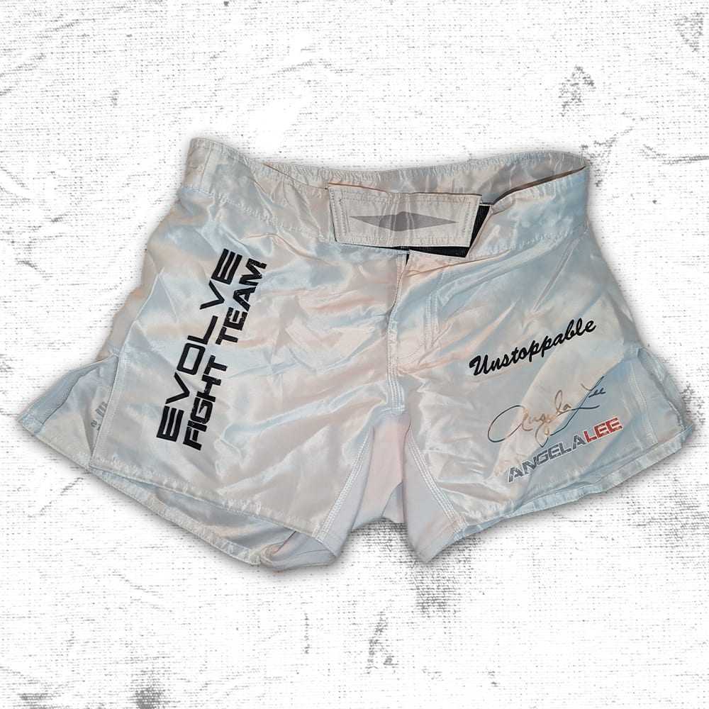 Signed Metallic Silver "UNSTOPPABLE" Angela Lee Fight Shorts