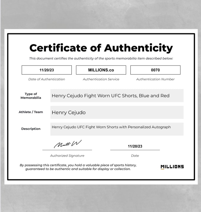 Henry Cejudo Fight Worn UFC Shorts, Blue and Red