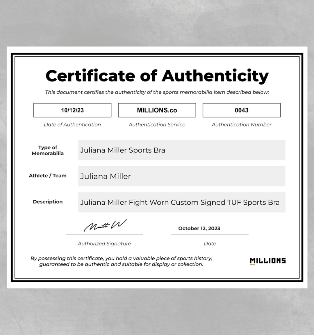 Juliana Miller Fight Worn Custom Signed TUF Sports Bra 
