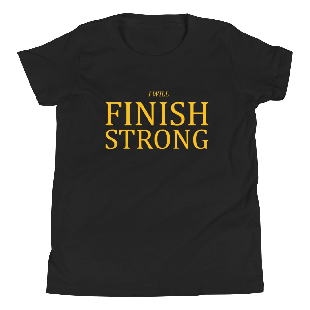 "I Will Finish Strong" by Brad Cousino Youth Shirt, Yellow Logo