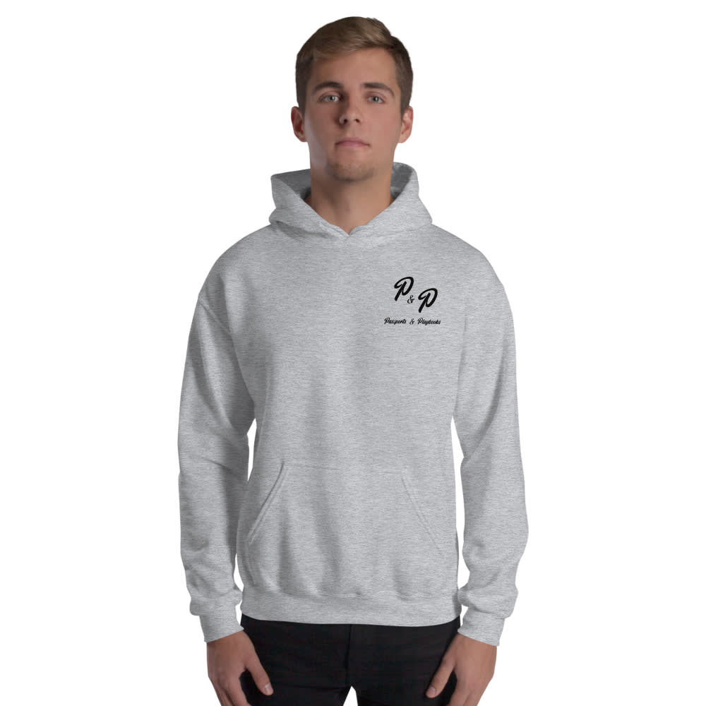 Passports and Playbooks Unisex Hoodie. Black Logo