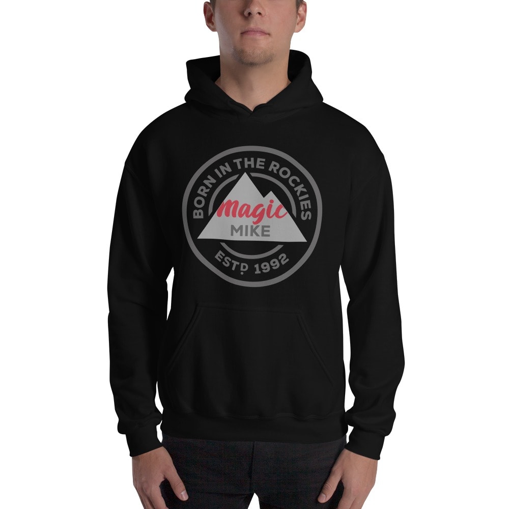 Born in the Rockies by Mike Hamel Hoodie, Grey and Red logo