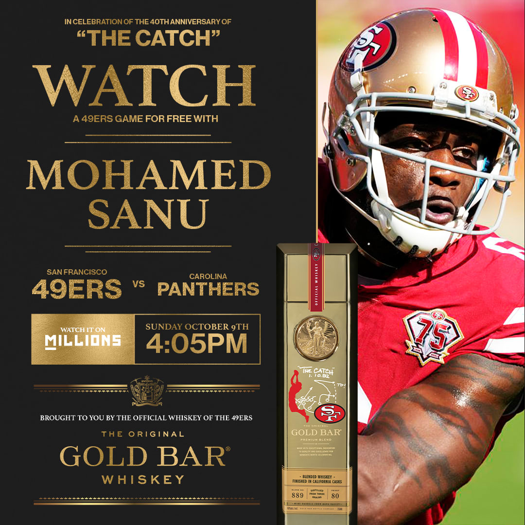 Mohamed Sanu: Free WatchParty. San Francisco 49ers vs. Carolina Panthers. October 9, 2022, Brought to you by Gold Bar Whiskey
