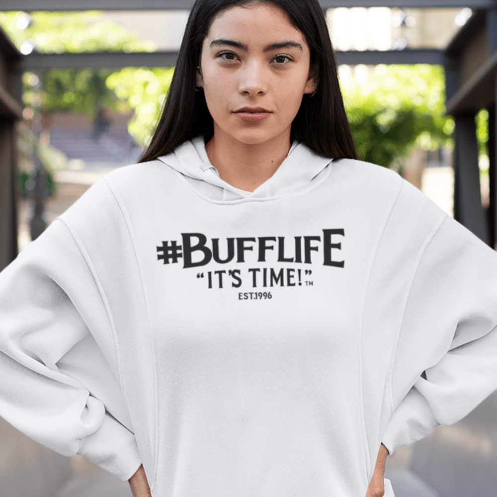   "BUFFLIFE" BY BRUCE BUFFER, WOMEN'S HOODIE, BLACK LOGO