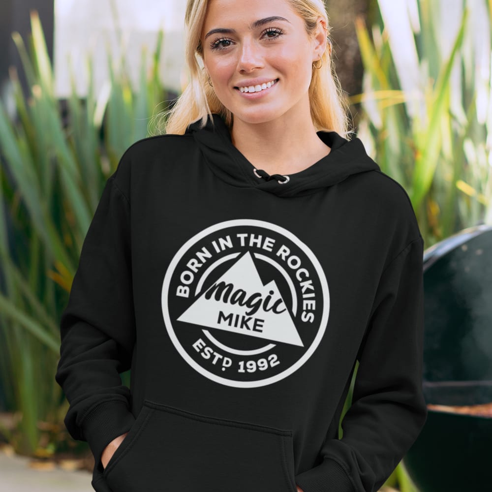 Born in the Rockies by Mike Hamel Women's Hoodie, White logo