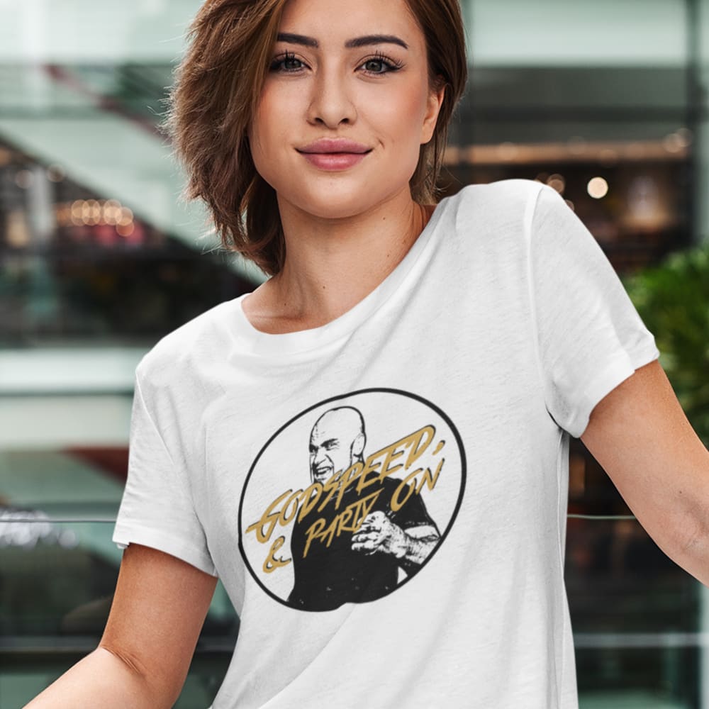 "Godspeed & Party On" by Bas Rutten, Women's T-Shirt, Black and White Logo