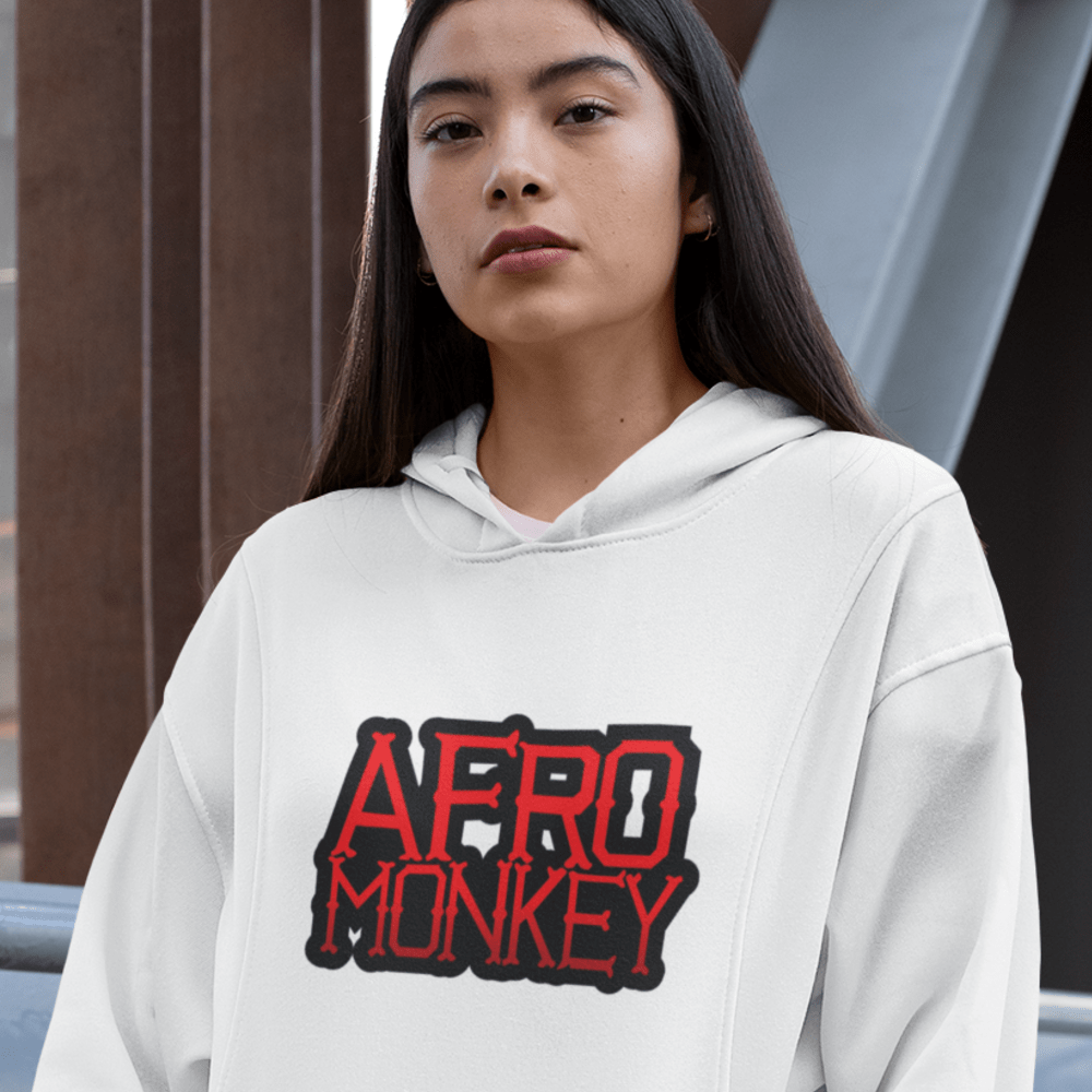 Afro Monkey by Andre Ewell, Women's Hoodie, Red Logo