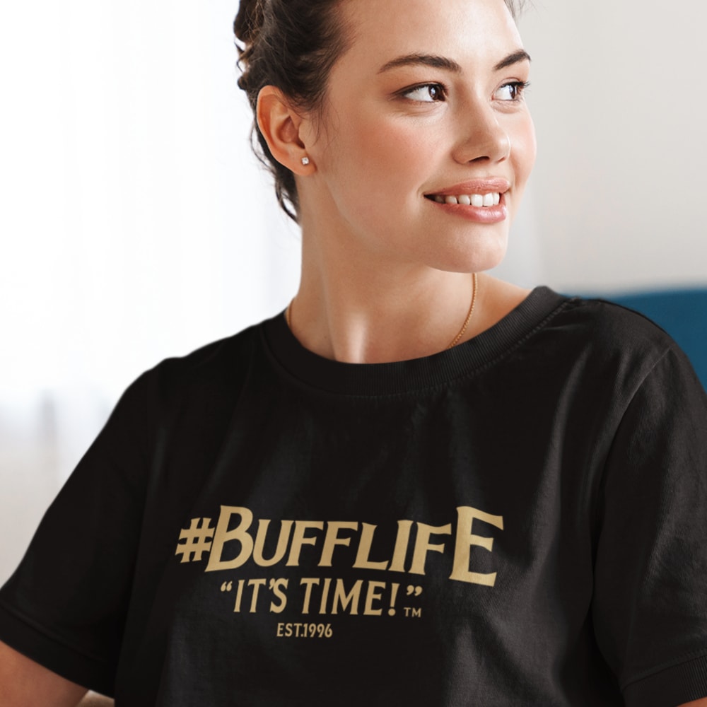   "BUFFLIFE" BY BRUCE BUFFER, WOMEN'S T-SHIRT, OLD GOLD LOGO