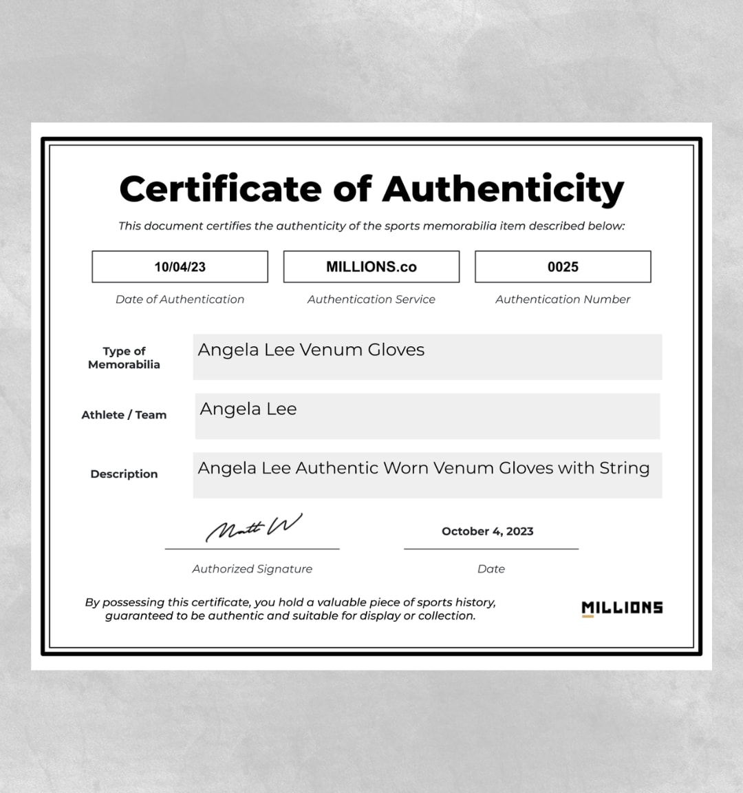 Angela Lee Authentic Worn Venum Gloves with String MILLIONS