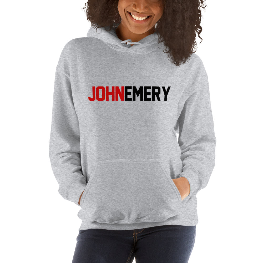 "Emery 4" by John Emery Women's Hoodie, Black Logo