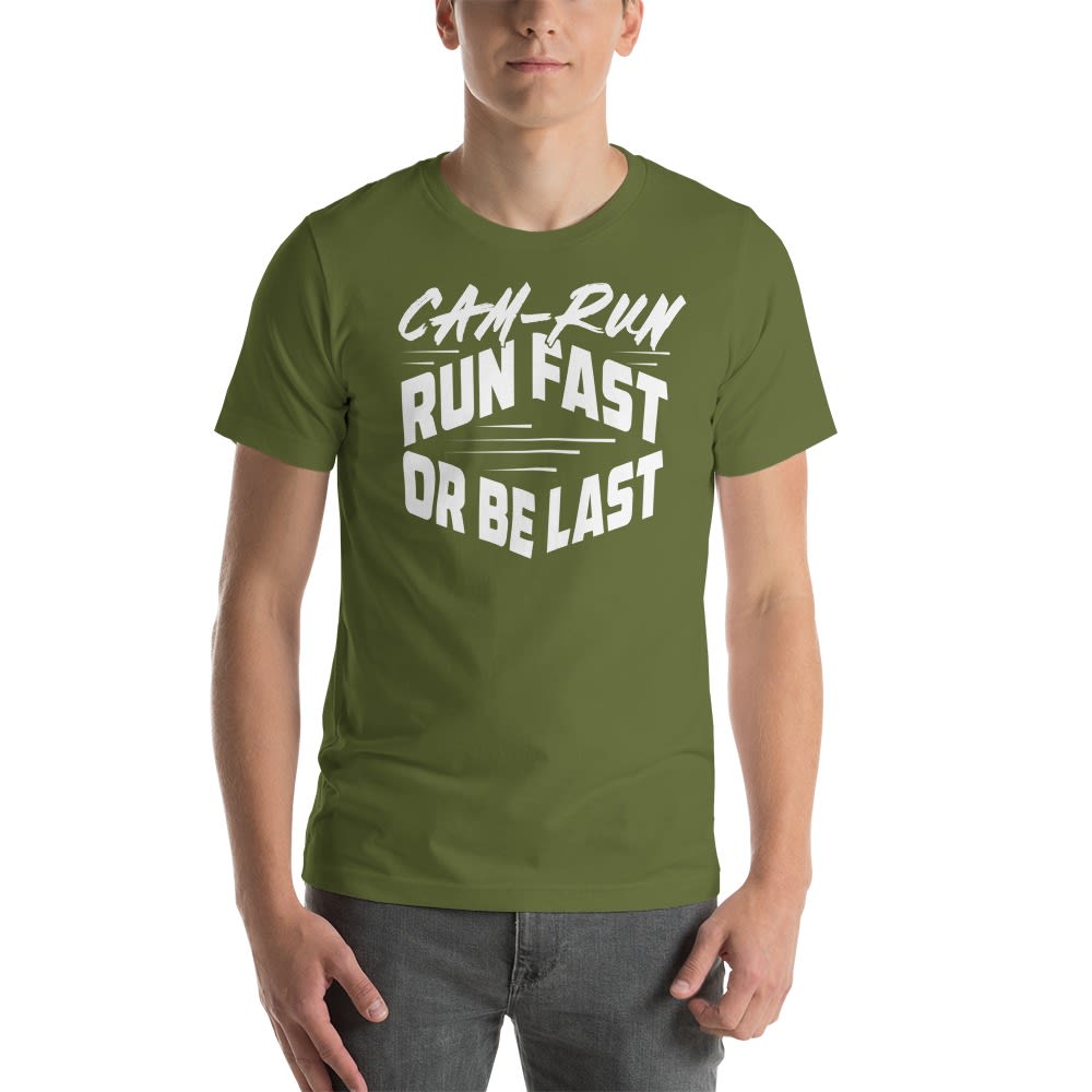 RUN FAST OR BE LAST by Cameron Jackson Men's T-Shirt, White Logo