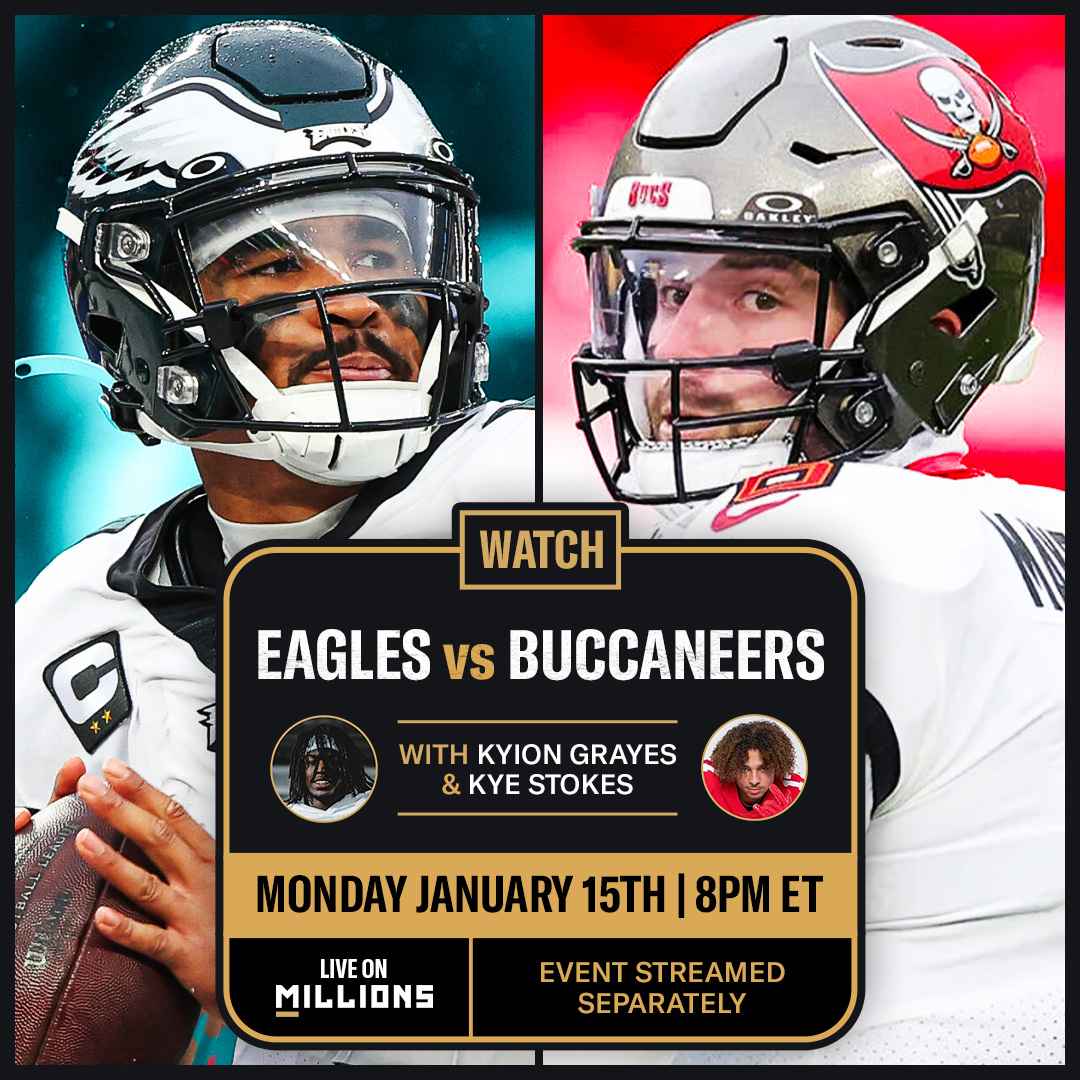 Kye Stokes and Kyion Grayes. NFL WatchParty. Game streamed separately. December 15th, 2024, Only on MILLIONS.co