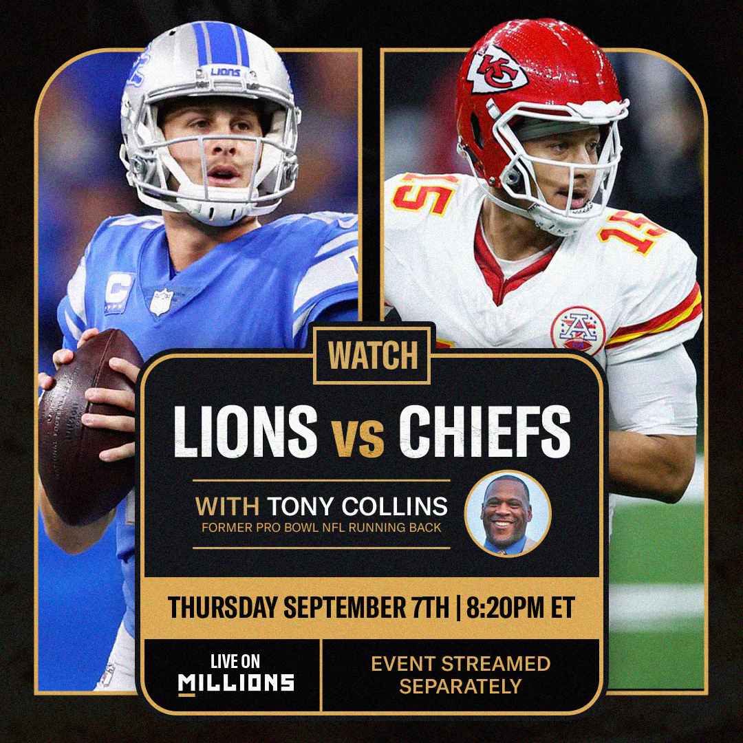 Tony Collins. NFL WatchParty. Game streamed separately. September 7th, 2023, Only on MILLIONS.co