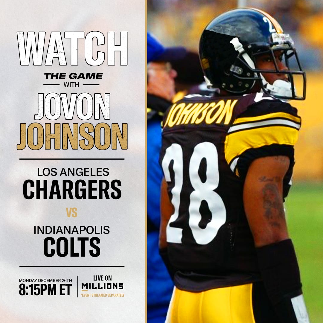 Jovon Johnson: Free WatchParty. Los Angeles Chargers vs. Indianapolis Colts. December 26, 2022, Only on MILLIONS.co