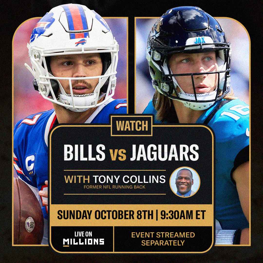 Tony Collins. NFL WatchParty. Game streamed separately. October 8th, 2023, Only on MILLIONS.co