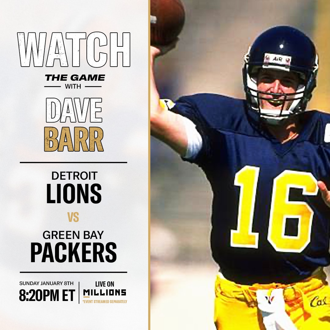 Dave Barr: Free WatchParty. Detroit Lions vs. Green Bay Packers. January 8, 2023, Only on MILLIONS.co
