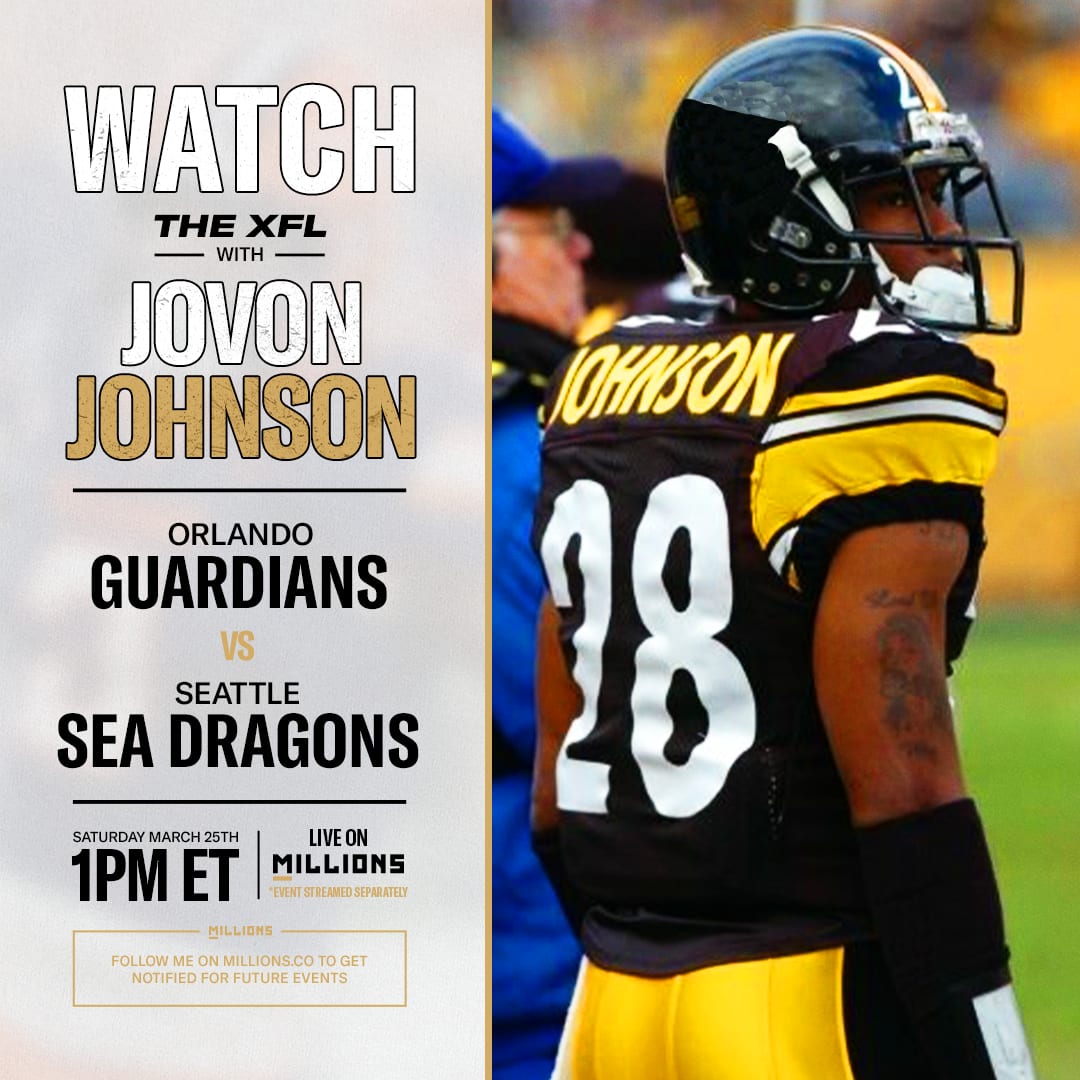 Jovon Johnson: Free WatchParty. Orlando Guardians vs. Seattle Sea Dragons. March 25, 2023, Only on MILLIONS.co
