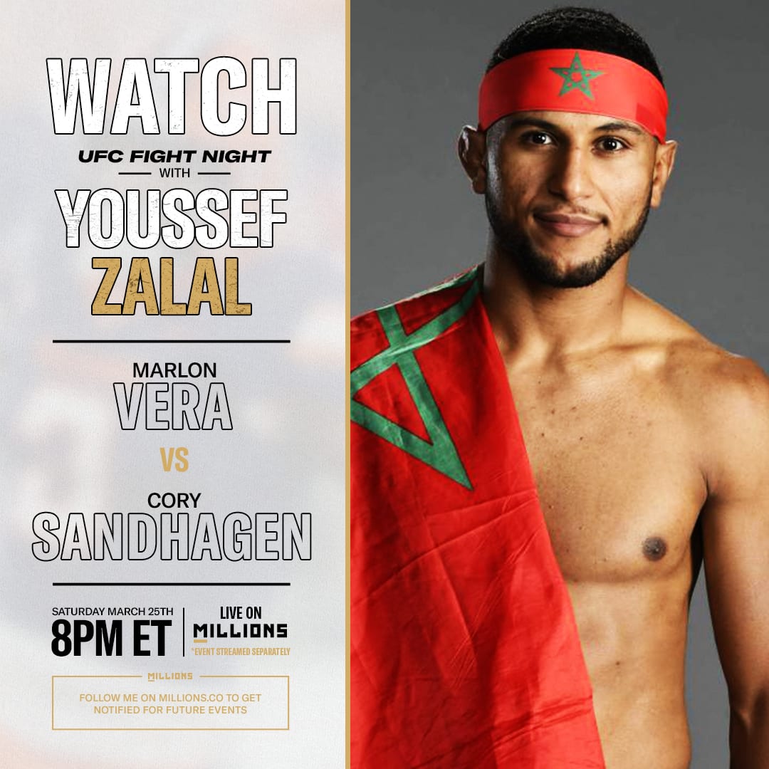 Youssef Zalal: Free WatchParty. UFC Fight Night: Vera vs. Sandhagen. March 25, 2023, Only on MILLIONS.co