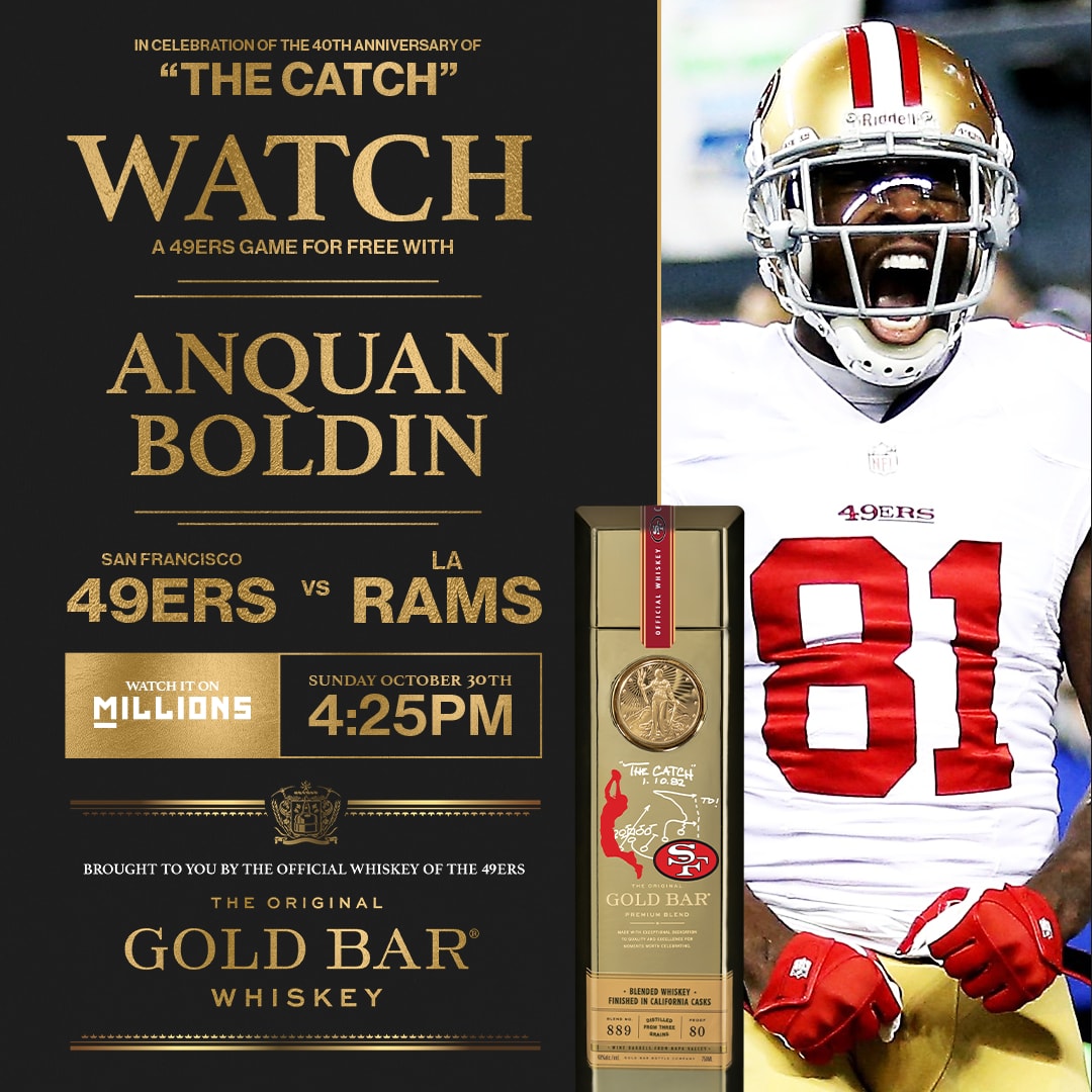 Anquan Boldin: Free WatchParty. San Francisco 49ers vs. Los Angeles Rams. October 30, 2022, Brought to you by Gold Bar Whiskey