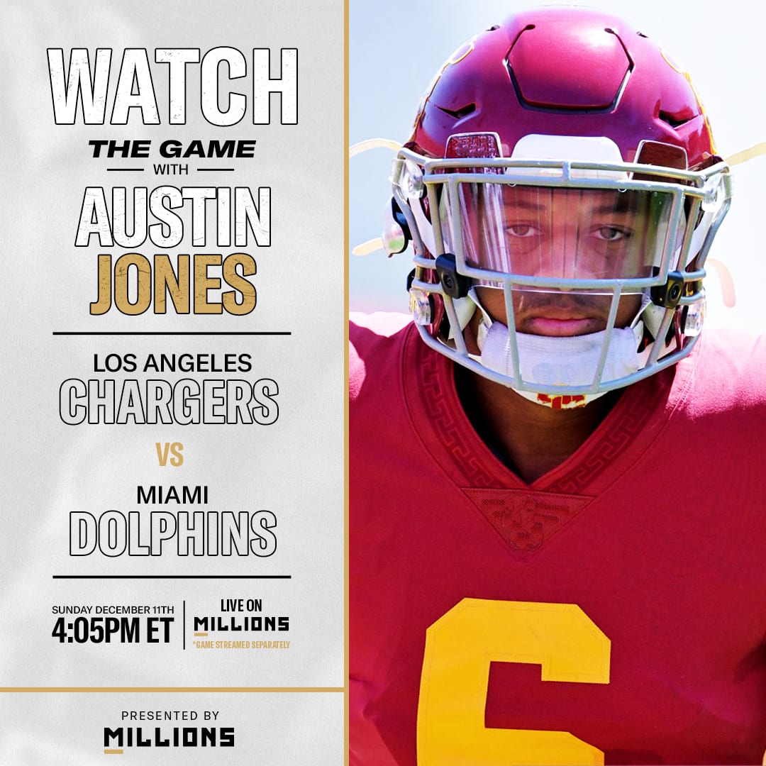 Austin Jones: Free WatchParty. Los Angeles Chargers vs. the Miami Dolphins. December 11, 2022, Only on MILLIONS.co