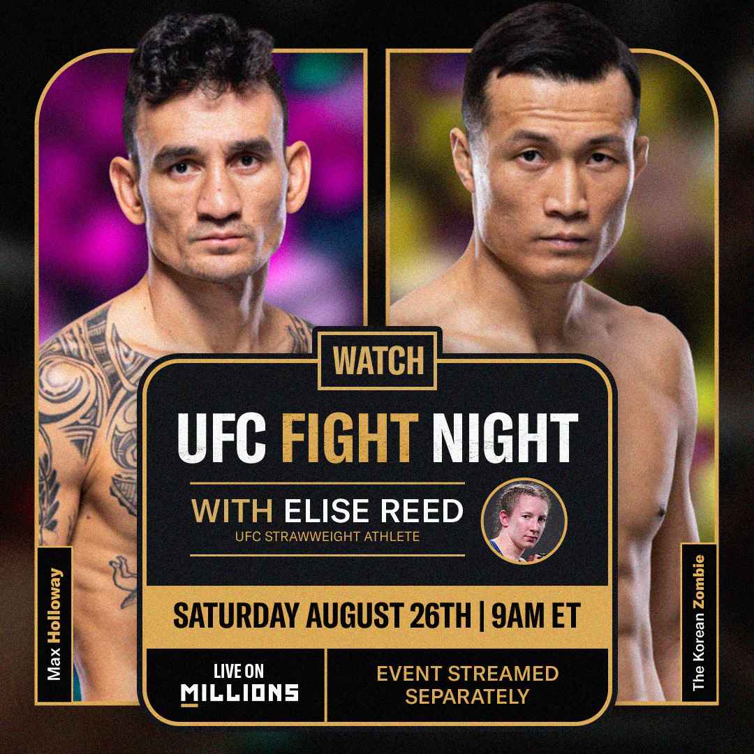 Elise Reed. UFC WatchParty. Fight streamed separately. August 26th, 2023, Only on MILLIONS.co