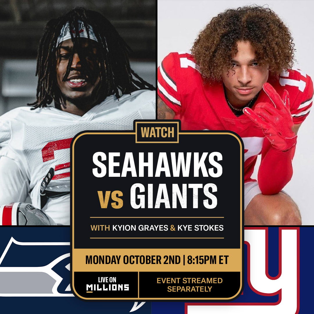 Kye Stokes and Kyion Grayes. NFL WatchParty. Game streamed separately. October 2nd, 2023, Only on MILLIONS.co